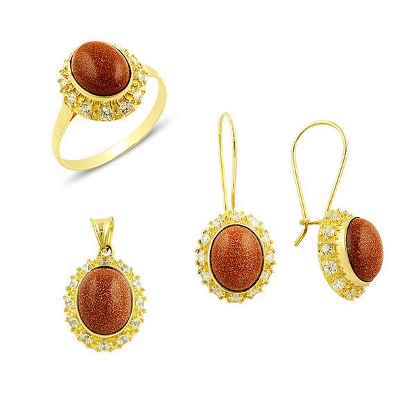 Akik Taşlı 14 Ayar Altın Üçlü Set