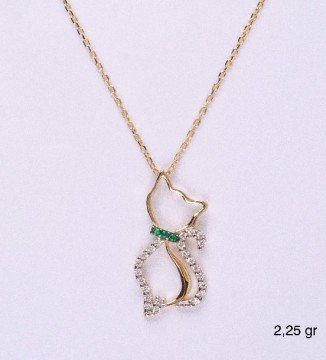 Taşlı Kedi 14 Ayar Altın Kolye