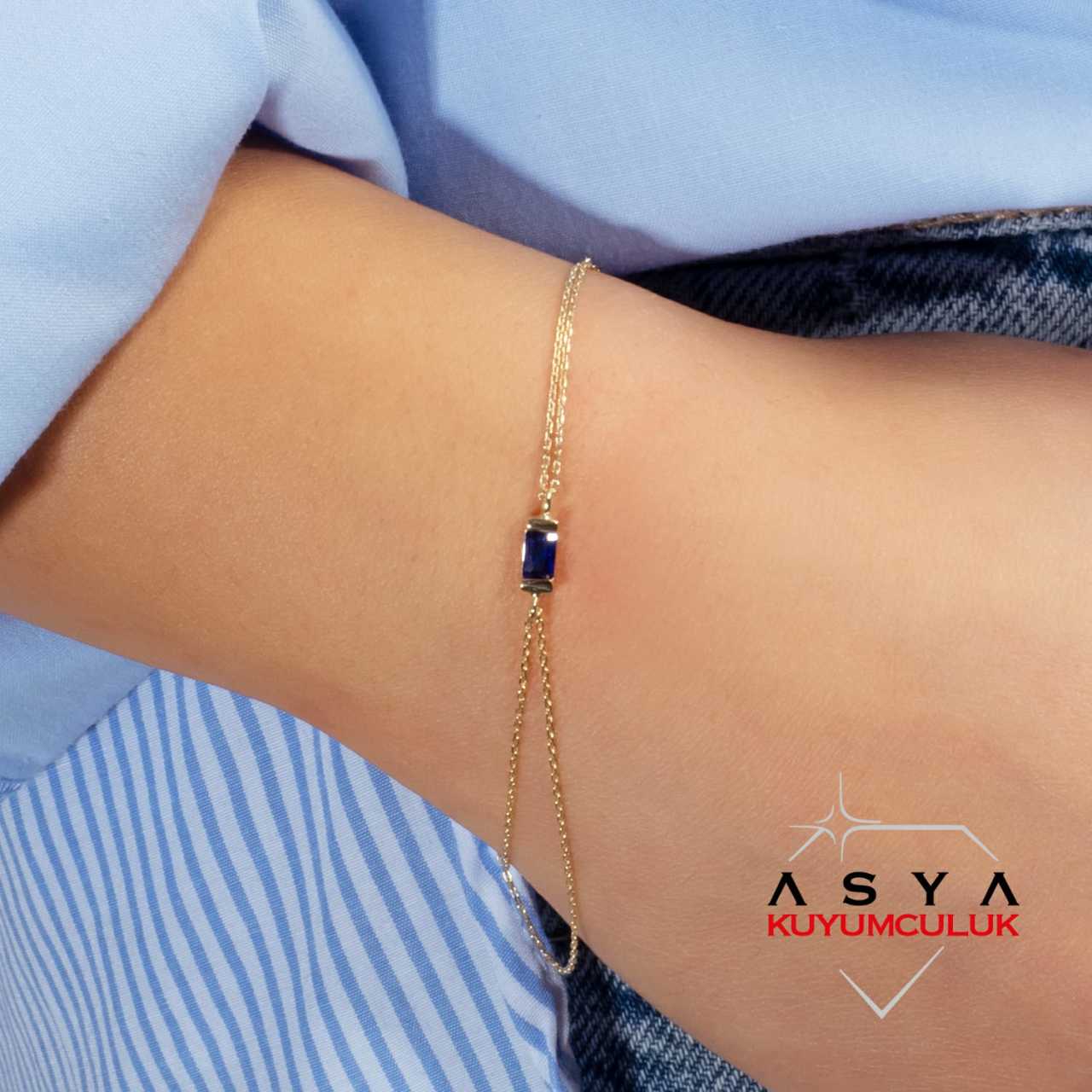 Safir Renkli 14 Ayar Altın Baget Spor Bileklik 1.20 gr