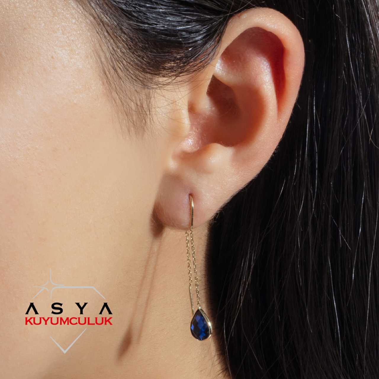 Safir Renkli 14 Ayar Altın Damla Küpe 1,20 Gram