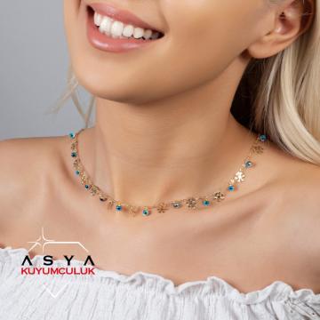 14  Ayar Altın Kar Tanesi Nazar Boncuklu Kolye